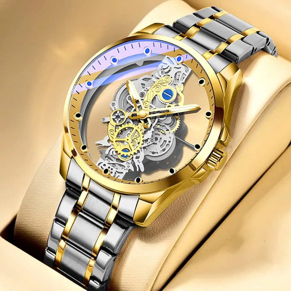 Men Stainless Steel recline Waterproof Watch, Business Skeleton Quartz Watch for Men Tiong Men's Clear Cover Quartz Watch 