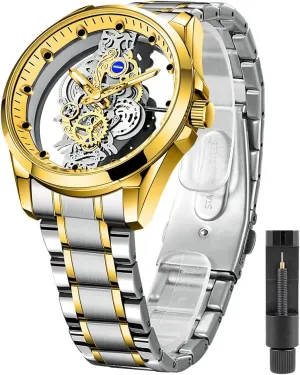 Men Stainless Steel recline Waterproof Watch, Business Skeleton Quartz Watch for Men Tiong Men's Clear Cover Quartz Watch 