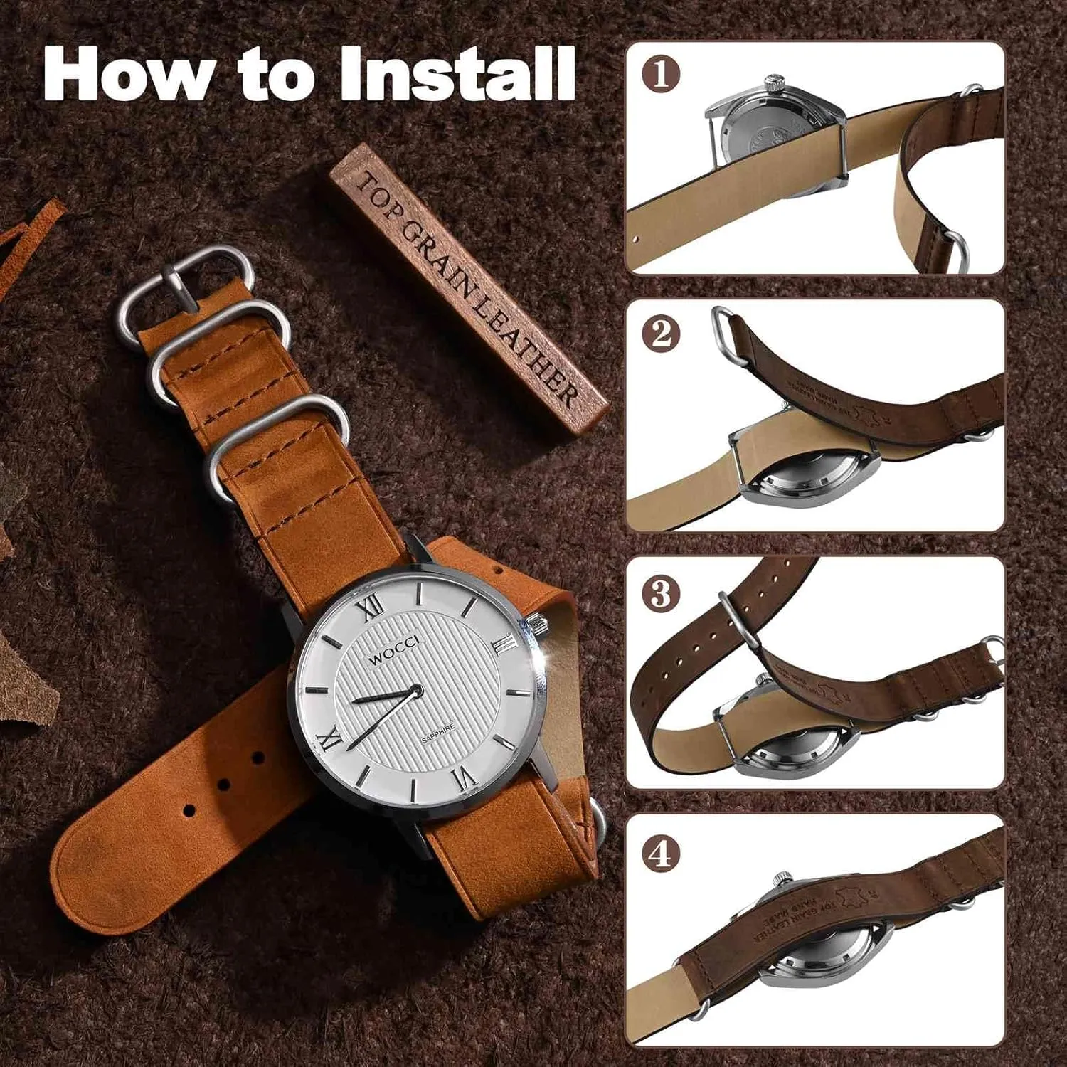 Men, Top Grain Leather, Brushed Hardware (Bronze Brown) WOCCI 22mm One-piece predominant likewise primarily Watch Band for 