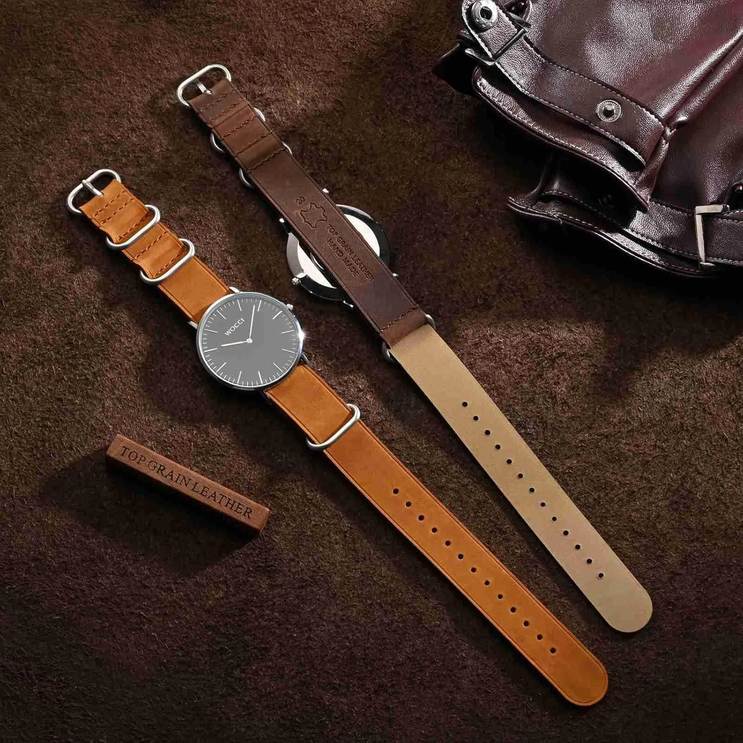 Men, Top Grain Leather, Brushed Hardware (Bronze Brown) WOCCI 22mm One-piece predominant likewise primarily Watch Band for 