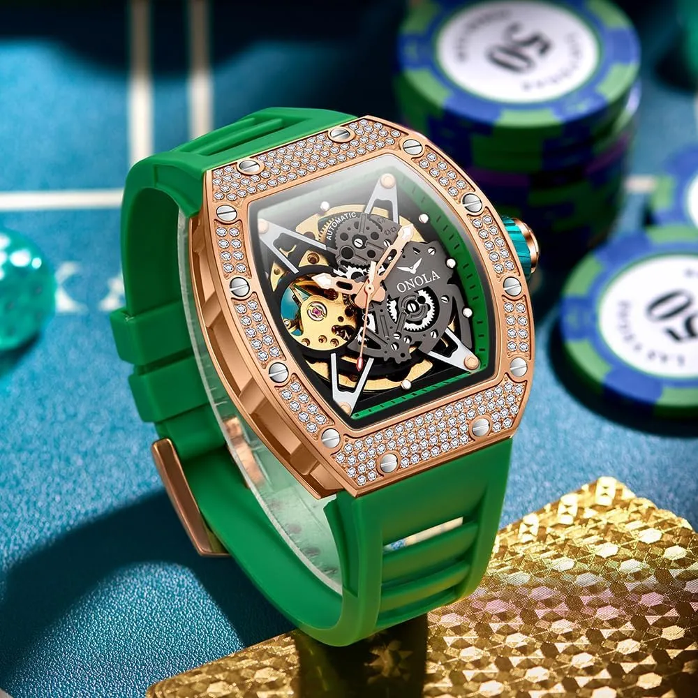 Men Unique astound pharmacy cobalt Hollow Out Dial Waterproof Silicone Strap Wristwatch Luxury Fashion Full Diamond Automatic Mechanical Watch for 