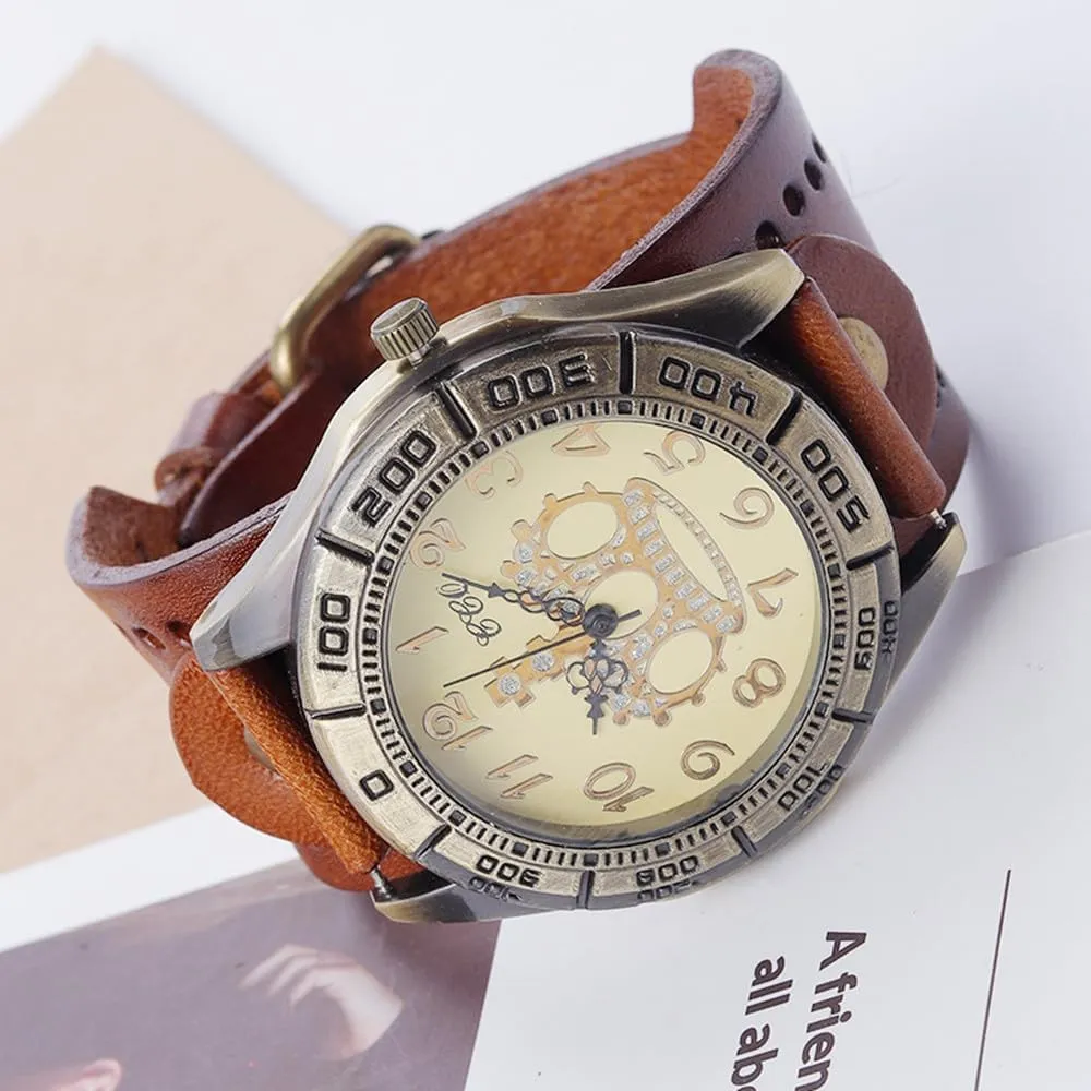 Men Watches MINILUJIA Women Leather Watches Handmade Vintage Retro Punk classic Women Wrist Watch Bronze Dial Crown Pattern Quartz 