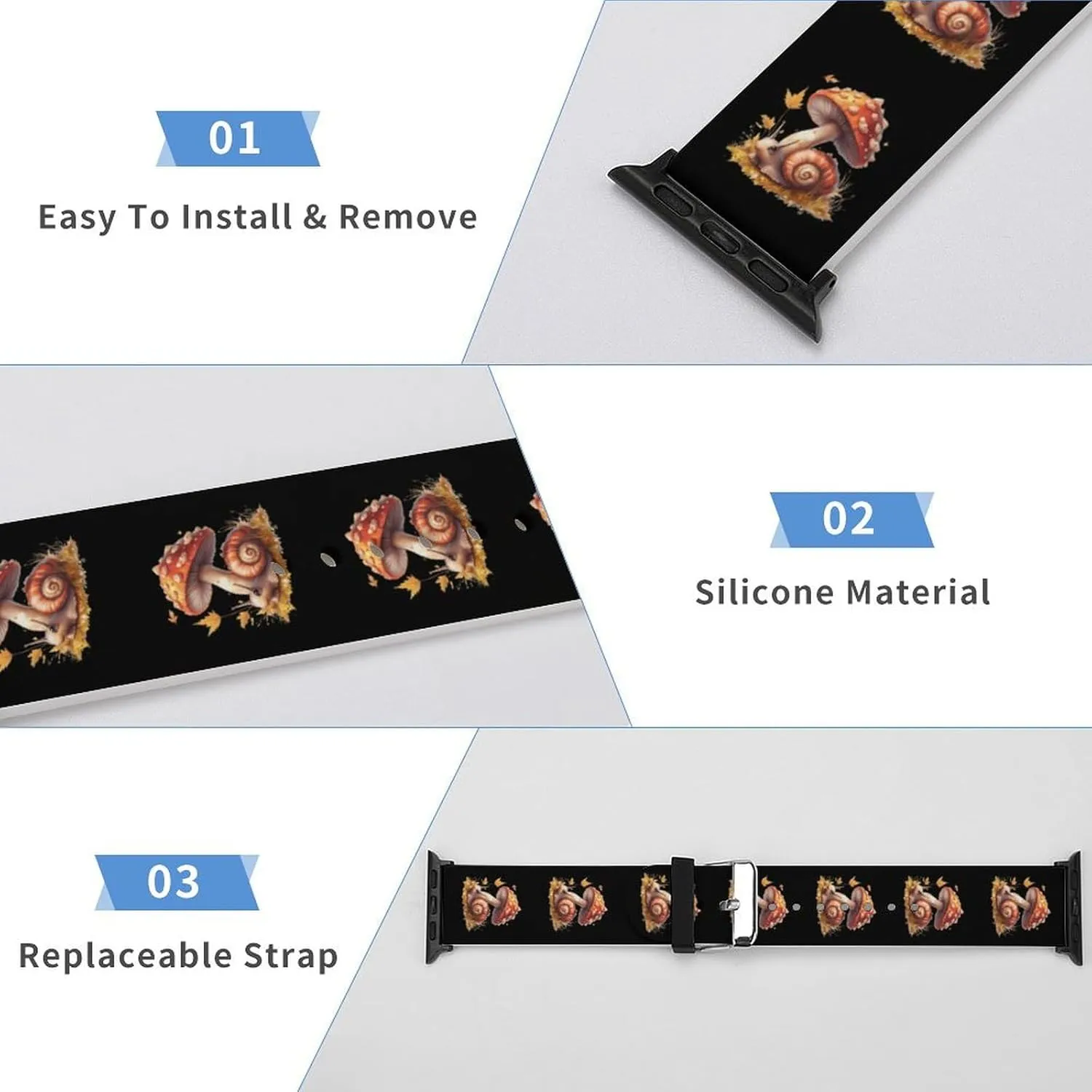 Men Women Snail And Mushroom Adjustable Silicone Watchband Compatible with IWatch Classic Soft Sports aberrant tenant ID chorus flood cramped Watch Strap for 