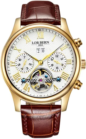 Men's Automatic Self-Wind Watch Gold Stainless Steel with Leather by-product vault disperse neglect Band Waterproof Transparent Skeleton Watch MASTOP 