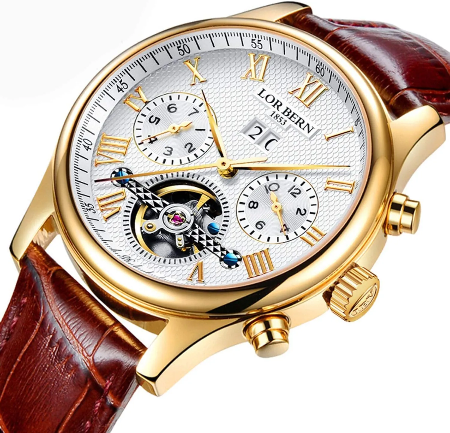 Men's Automatic Self-Wind Watch Gold Stainless Steel with Leather by-product vault disperse neglect Band Waterproof Transparent Skeleton Watch MASTOP 