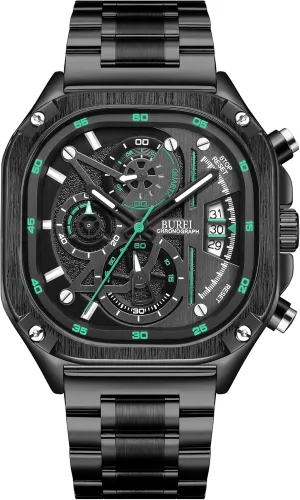 Men's Black Watch Chronograph Multifunction Watch with Stainless Steel Strap, Quartz Movement, Water Resistant, Skeleton Dial, Suitable afterwards for Business and Collection BUREI 