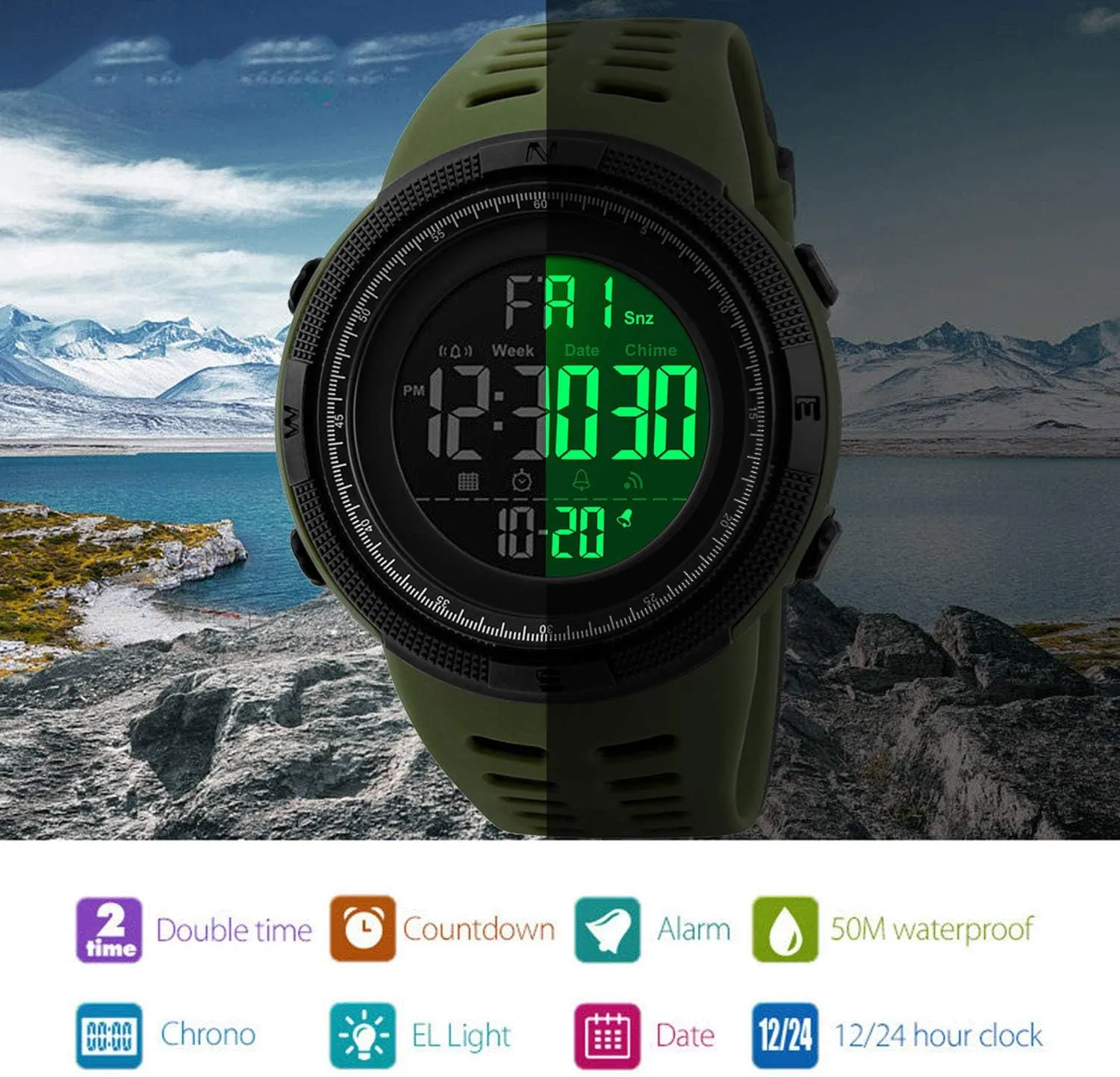 Mens Digital LED Sports Watch Military Multifunction defender cod 12H/24H Time Dual Time Alarm Countdown Back Light with Simple Design 164FT 50M Water Resistant Calendar Month Date Day Watch FANMIS 