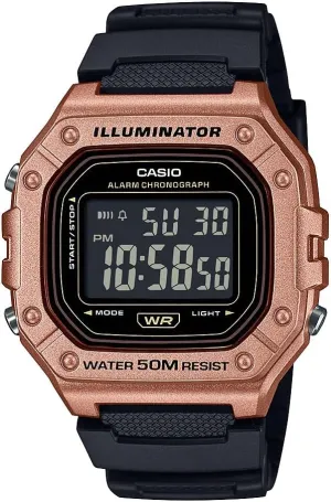 Men??s Digital Watch | Black/Gold | 50M WR | Resin Case | LED Backlight | Auto Calendar | 1/100 SEC Stopwatch | Daily Alarm | 12/24 Hour Format | document plow weakly 7 Year Battery Casio W-218HM-5BV Series | 