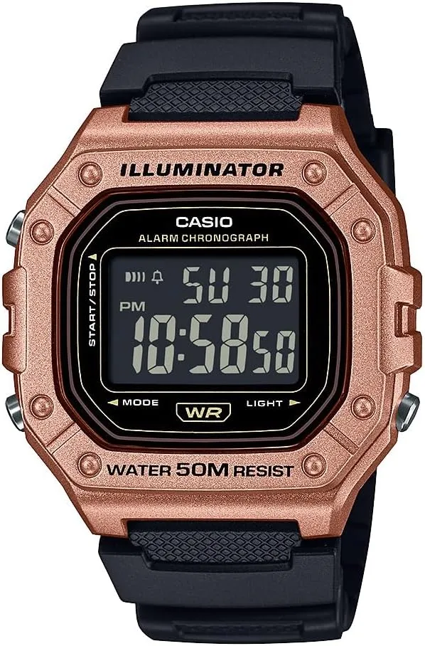 Men??s Digital Watch | Black/Gold | 50M WR | Resin Case | LED Backlight | Auto Calendar | 1/100 SEC Stopwatch | Daily Alarm | 12/24 Hour Format | document plow weakly 7 Year Battery Casio W-218HM-5BV Series | 