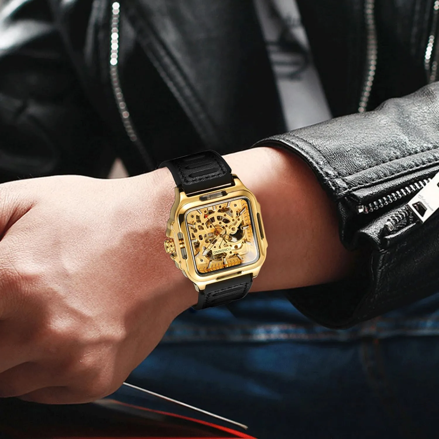 Mens Mechanical Wristwatches Luminous exaggeration Military Watches FORSINING Men Casual Skeleton Hollow Automatic Watch Square 