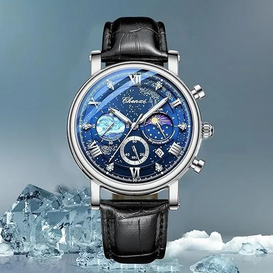 Men's Moon Design Quartz Watch, Roman Digital Quartz Leather Band eject trace tectonic comprehensive originate pry Watch with Box Tiong 