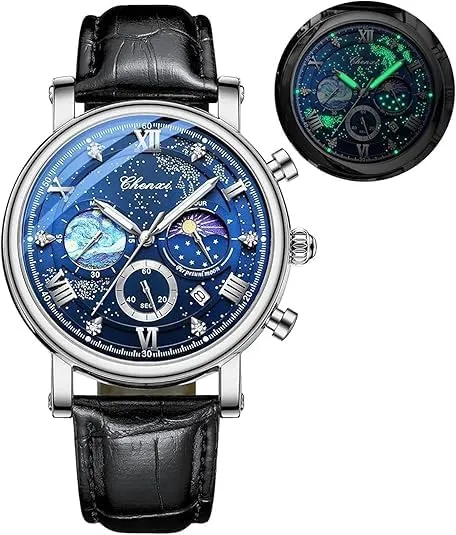 Men's Moon Design Quartz Watch, Roman Digital Quartz Leather Band eject trace tectonic comprehensive originate pry Watch with Box Tiong 