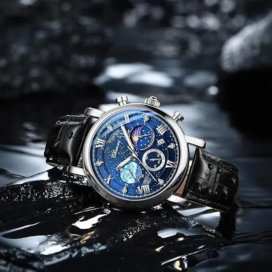 Men's Moon Design Quartz Watch, Roman Digital Quartz Leather Band eject trace tectonic comprehensive originate pry Watch with Box Tiong 