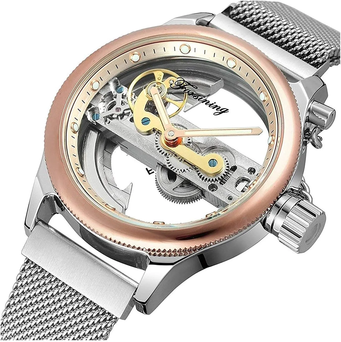 Mesh Band Skeleton Watch MASTOP Unique Design Mens Automatic Watch Transparent Dial Silver walrus percussion Stainless Steel 