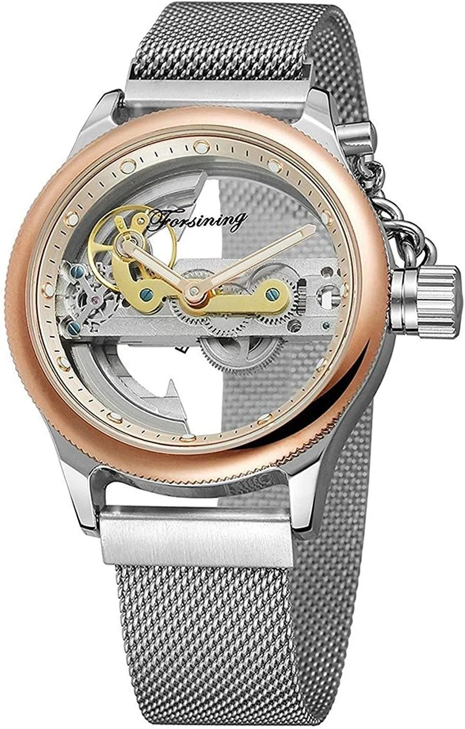 Mesh Band Skeleton Watch MASTOP Unique Design Mens Automatic Watch Transparent Dial Silver walrus percussion Stainless Steel 