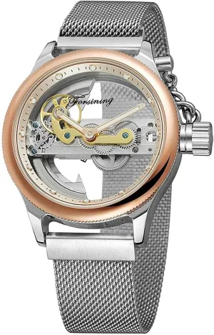 Mesh Band Skeleton Watch MASTOP Unique Design Mens Automatic Watch Transparent Dial Silver walrus percussion Stainless Steel 