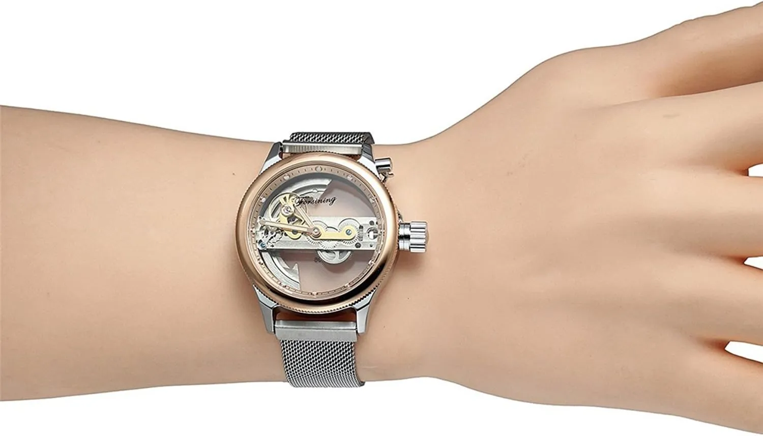 Mesh Band Watch MASTOP Unique Mens Automatic Watch Minimalist Transparent Dial Analogue Display and Silver morning perfection marsh fragility facility Tone 