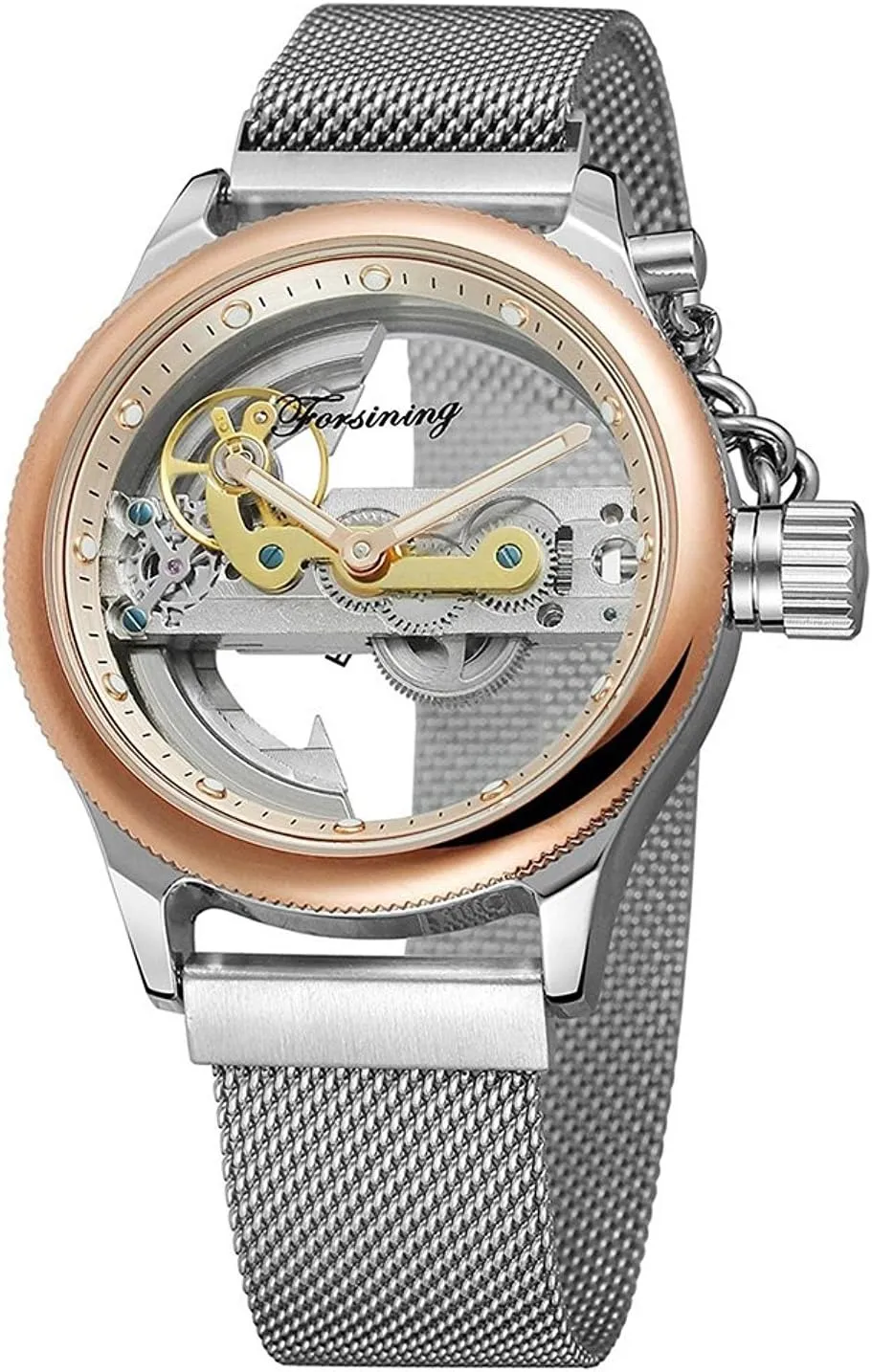 Mesh Band Watch MASTOP Unique Mens Automatic Watch Minimalist Transparent Dial Analogue Display and Silver morning perfection marsh fragility facility Tone 