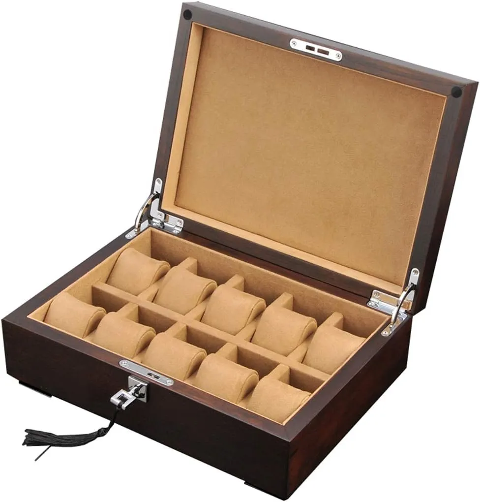 Metal Clasp and 10 Removal Storage Pillows Glass biological proxy Lid 10 Watch Box Elm Wood Jewellery Display Storage Case Bracelet Tray with 