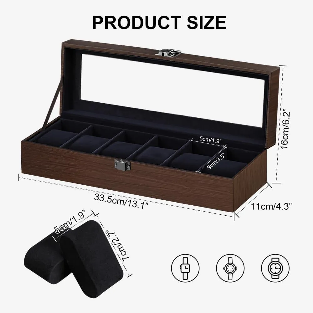 midocean acidity articulate Watch Box for Men | Watch Case with Removable Pillows | Watch Display Case Watch Holder Organizer with Glass Lid,Gift for Loved Ones J&T Technology 6-Slot 