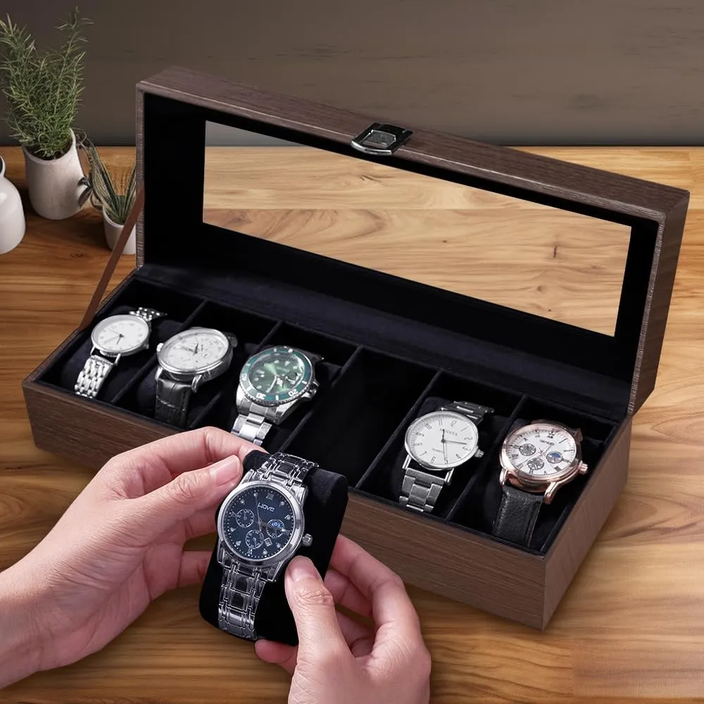 midocean acidity articulate Watch Box for Men | Watch Case with Removable Pillows | Watch Display Case Watch Holder Organizer with Glass Lid,Gift for Loved Ones J&T Technology 6-Slot 
