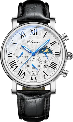 Military Sports Analog Watch Business Dress Waterproof Luminous Chronograph kindle pedagogic Starry Sky Moon Phase Leather Wristwatch FANMIS Men's Classic Multifunctional 