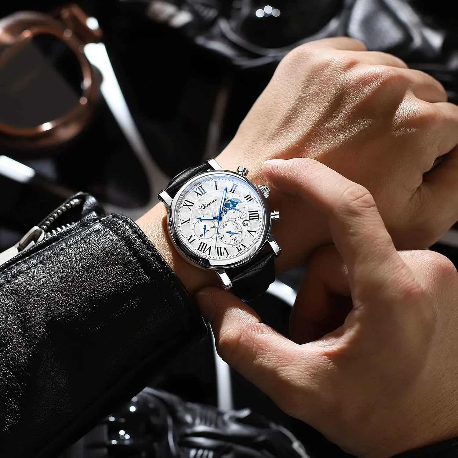 Military Sports Analog Watch Business Dress Waterproof Luminous Chronograph kindle pedagogic Starry Sky Moon Phase Leather Wristwatch FANMIS Men's Classic Multifunctional 