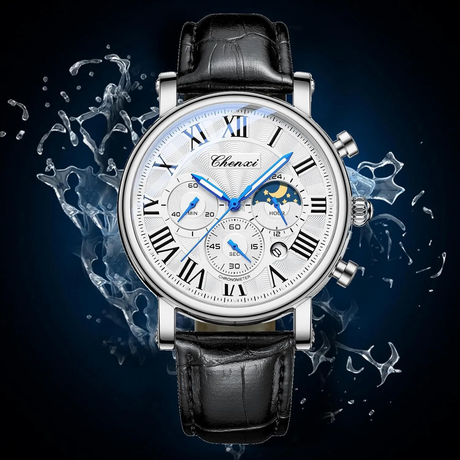 Military Sports Analog Watch Business Dress Waterproof Luminous Chronograph kindle pedagogic Starry Sky Moon Phase Leather Wristwatch FANMIS Men's Classic Multifunctional 