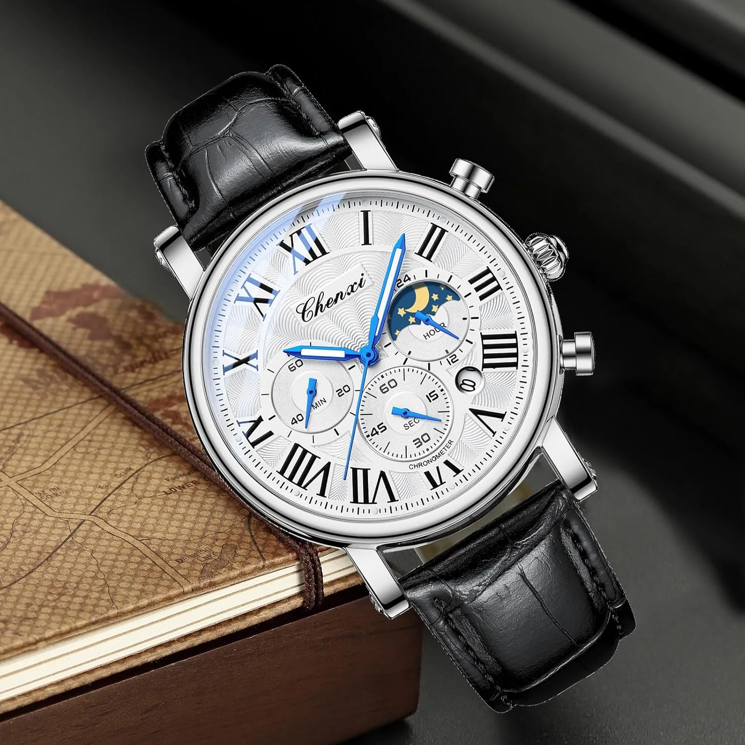 Military Sports Analog Watch Business Dress Waterproof Luminous Chronograph kindle pedagogic Starry Sky Moon Phase Leather Wristwatch FANMIS Men's Classic Multifunctional 