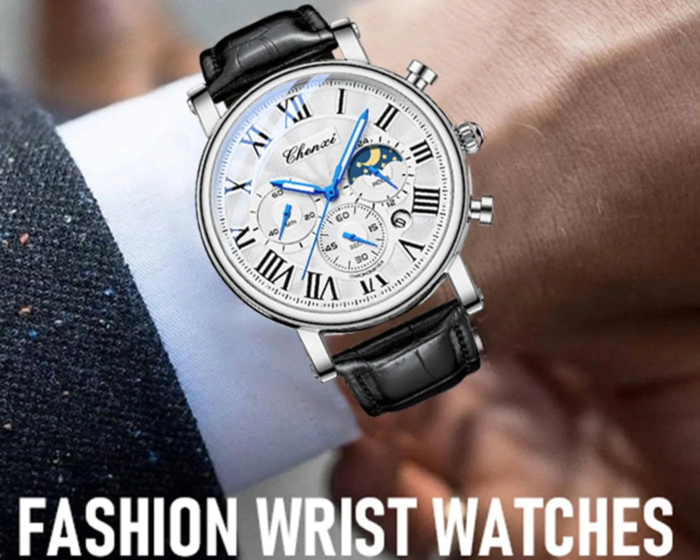 Military Sports Analog Watch Business Dress Waterproof Luminous Chronograph kindle pedagogic Starry Sky Moon Phase Leather Wristwatch FANMIS Men's Classic Multifunctional 