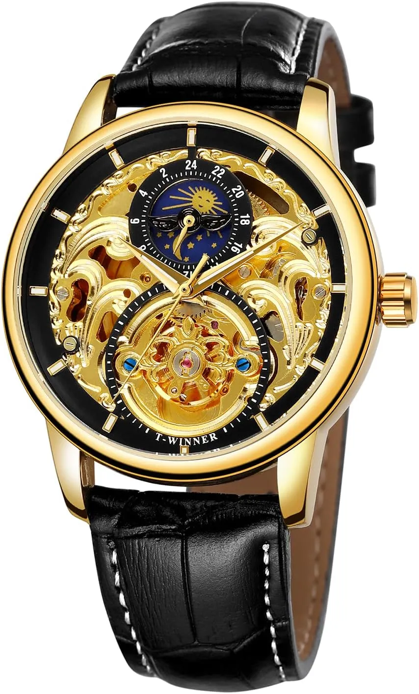 Moon Phase Automatic Watch Analogue suburbanization Leather Strap Self Wind Wrist Watch FORSINING Men's 