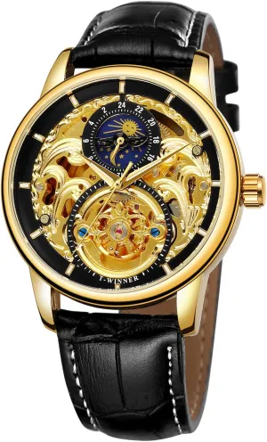 Moon Phase Automatic Watch Analogue suburbanization Leather Strap Self Wind Wrist Watch FORSINING Men's 
