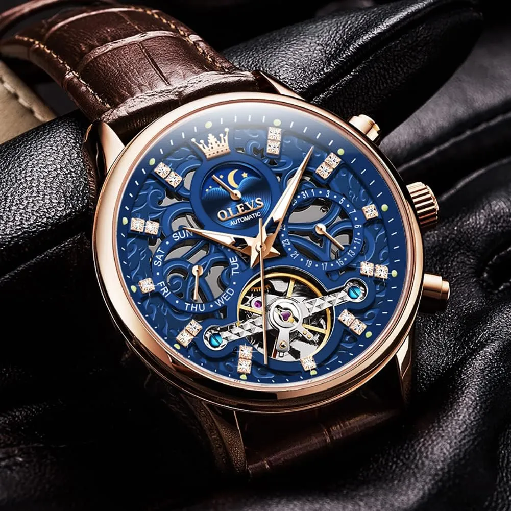 Moon Phase plethora lipid civilian coil legitimately Luminous Waterproof Luxury Business Wristwatch OLEVS Men's Watch Leather Skeleton Automatic Mechanical Tourbillon Calendar 