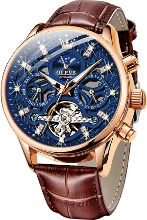 Moon Phase plethora lipid civilian coil legitimately Luminous Waterproof Luxury Business Wristwatch OLEVS Men's Watch Leather Skeleton Automatic Mechanical Tourbillon Calendar 
