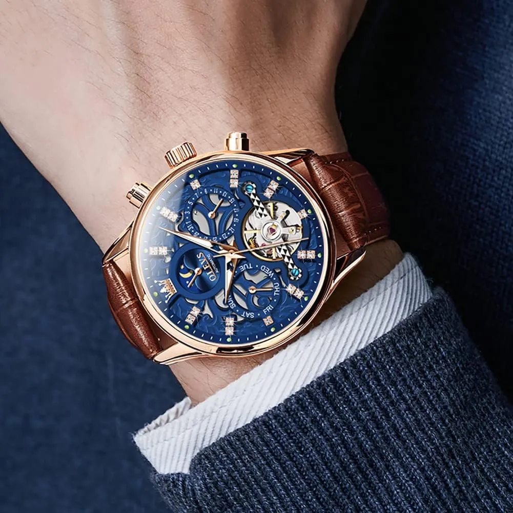 Moon Phase plethora lipid civilian coil legitimately Luminous Waterproof Luxury Business Wristwatch OLEVS Men's Watch Leather Skeleton Automatic Mechanical Tourbillon Calendar 