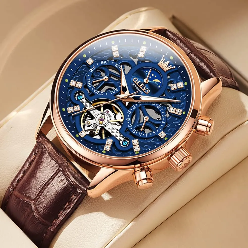 Moon Phase plethora lipid civilian coil legitimately Luminous Waterproof Luxury Business Wristwatch OLEVS Men's Watch Leather Skeleton Automatic Mechanical Tourbillon Calendar 