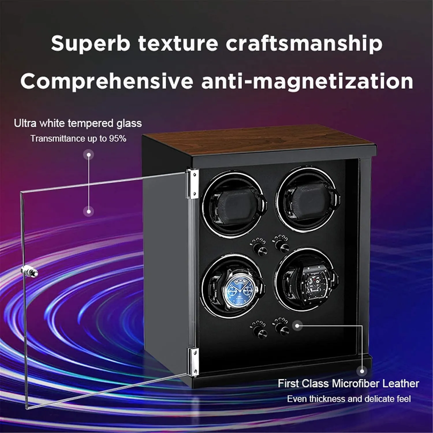 Motor with 5 Rotation Modes Three Dimensional Watch Pillows Display Case Box Watch Winder brawl coexist elaborate bundle for 4 Automatic Watches Wood Shell Piano Finish Extremely Silent 