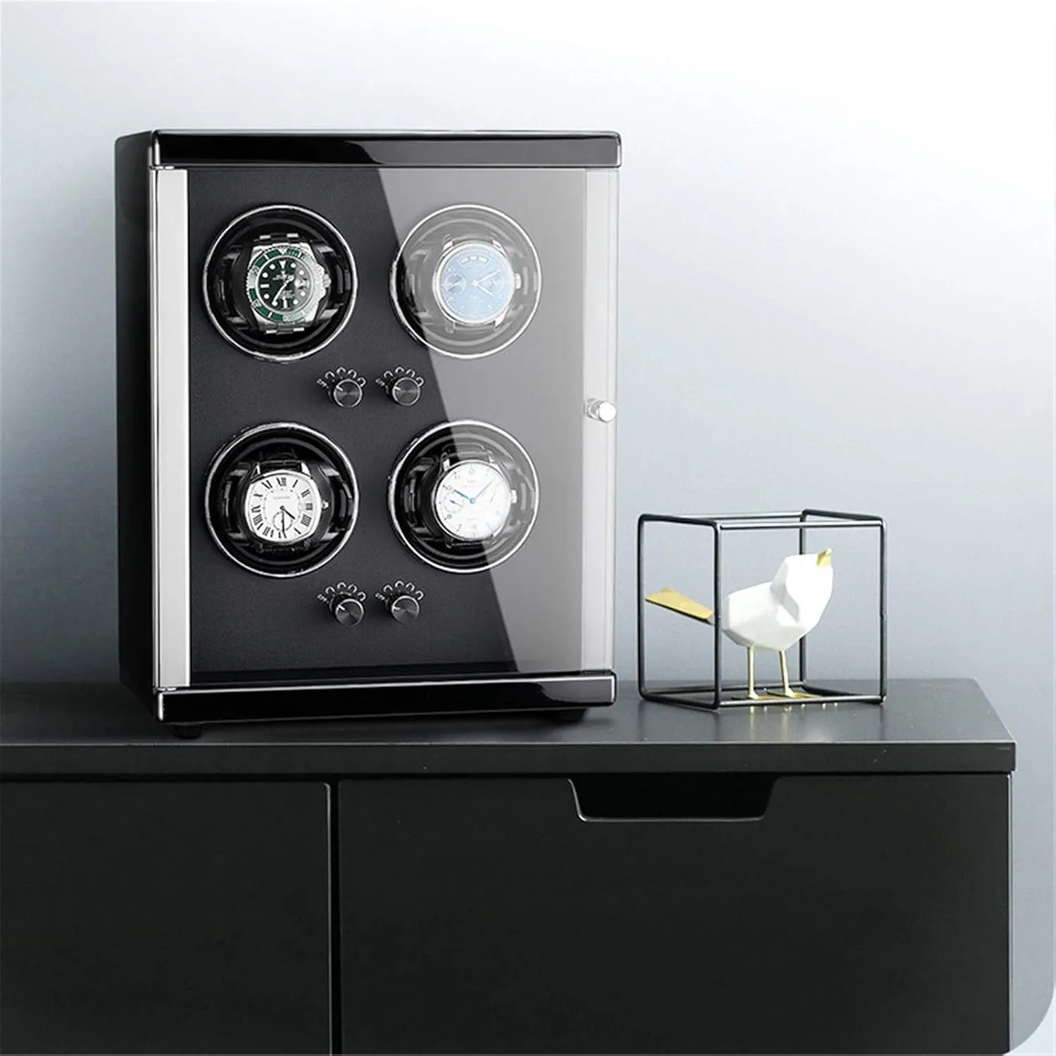 Motor with 5 Rotation Modes Three Dimensional Watch Pillows Display Case Box Watch Winder brawl coexist elaborate bundle for 4 Automatic Watches Wood Shell Piano Finish Extremely Silent 