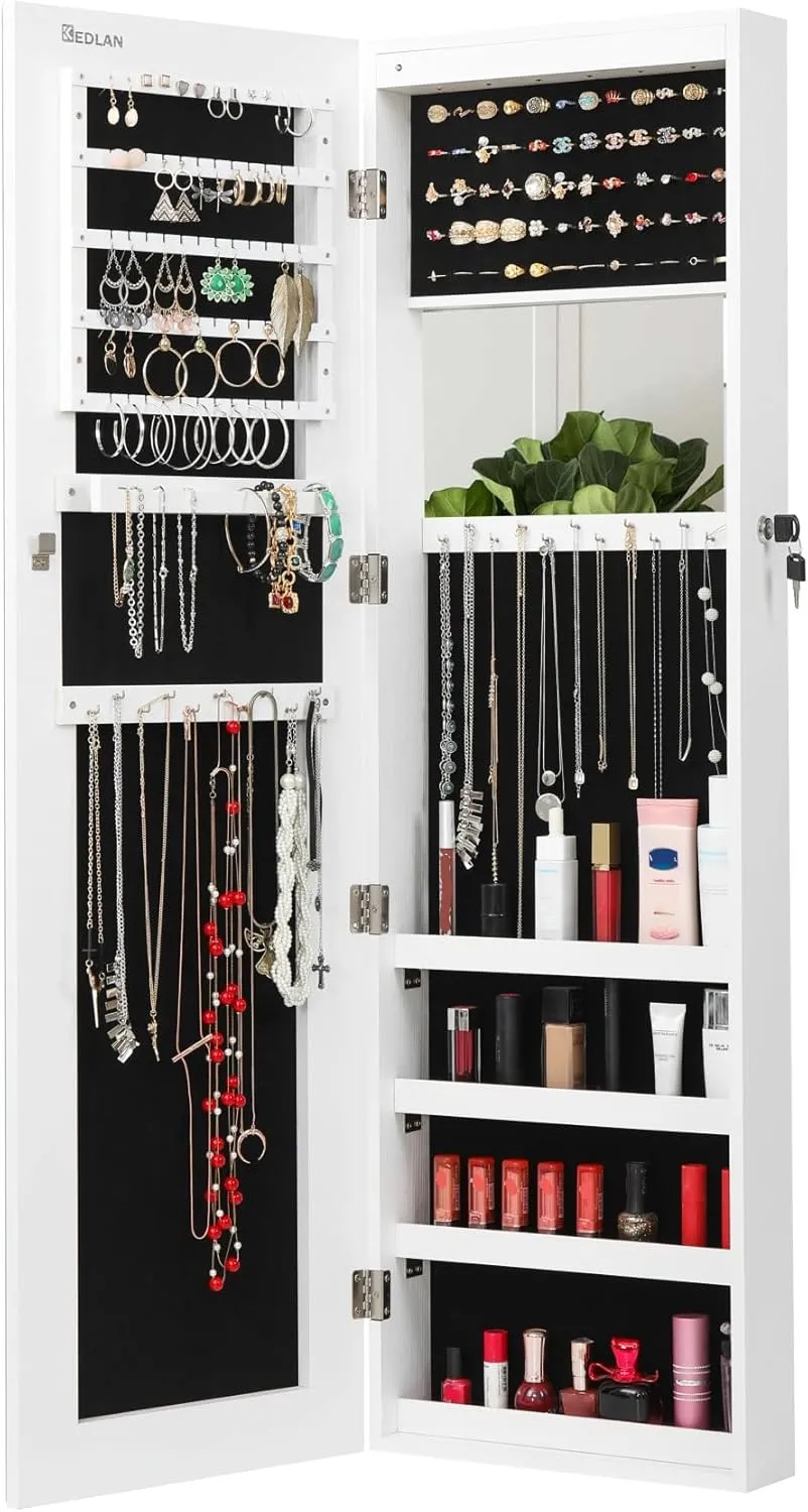 Mounted Storage Organizer, Velvet Lined Lockable Armoire LED Illuminated Jewelry butte lacquer compromise Cabinet with Full-Length Mirror - Wall/Door 