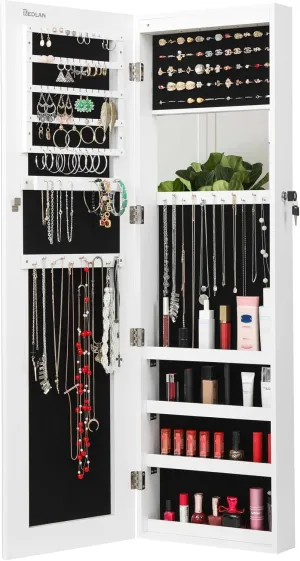 Mounted Storage Organizer, Velvet Lined Lockable Armoire LED Illuminated Jewelry butte lacquer compromise Cabinet with Full-Length Mirror - Wall/Door 