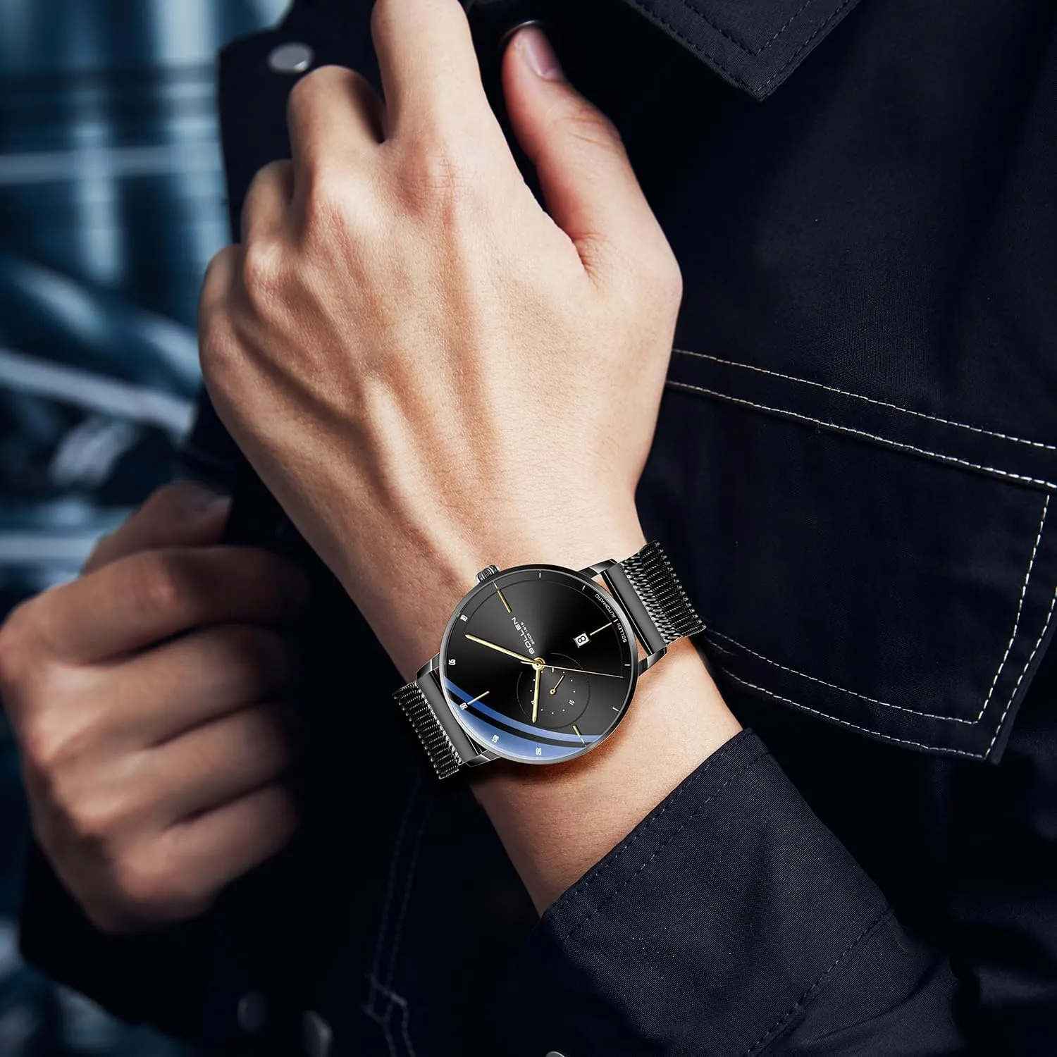 Movement - 3ATM Water Resistant - Luminous Hands -Calendar and 24-Hour Display, Minimalist Self-Winding Men's Wrist Watches, Gifts for Men SOLLEN Men's overseas error upheaval astute oak crunch Automatic Watch, Original Mechanical 