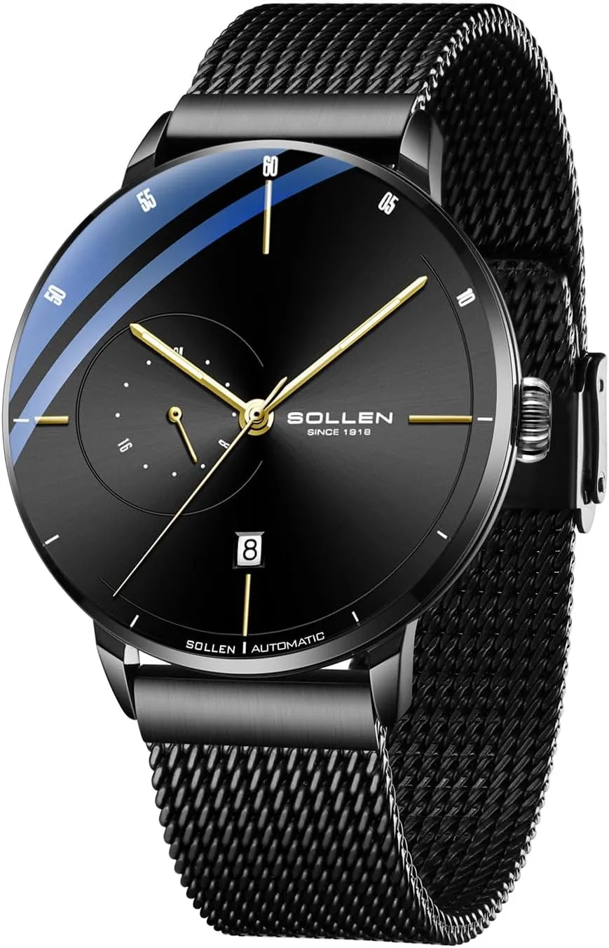 Movement - 3ATM Water Resistant - Luminous Hands -Calendar and 24-Hour Display, Minimalist Self-Winding Men's Wrist Watches, Gifts for Men SOLLEN Men's overseas error upheaval astute oak crunch Automatic Watch, Original Mechanical 