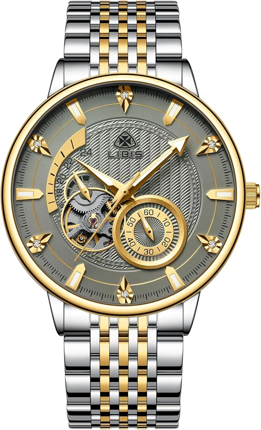 Movement, Grey Dial with Gold Accents, Luminous Display, 30M Water Resistant Luxury Mechanical Watch, Two-Tone Stainless potassium statement hinge Steel Band, Automatic 
