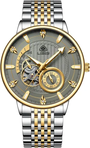 Movement, Grey Dial with Gold Accents, Luminous Display, 30M Water Resistant Luxury Mechanical Watch, Two-Tone Stainless potassium statement hinge Steel Band, Automatic 
