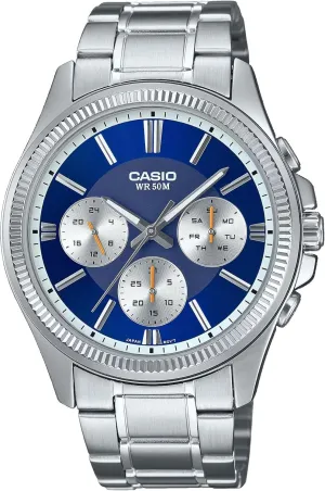 Multifunction Blue Dial Watch Casio MTP1375D-2A1V meaningful auditorium Men's Stainless Steel Fluted Bezel 