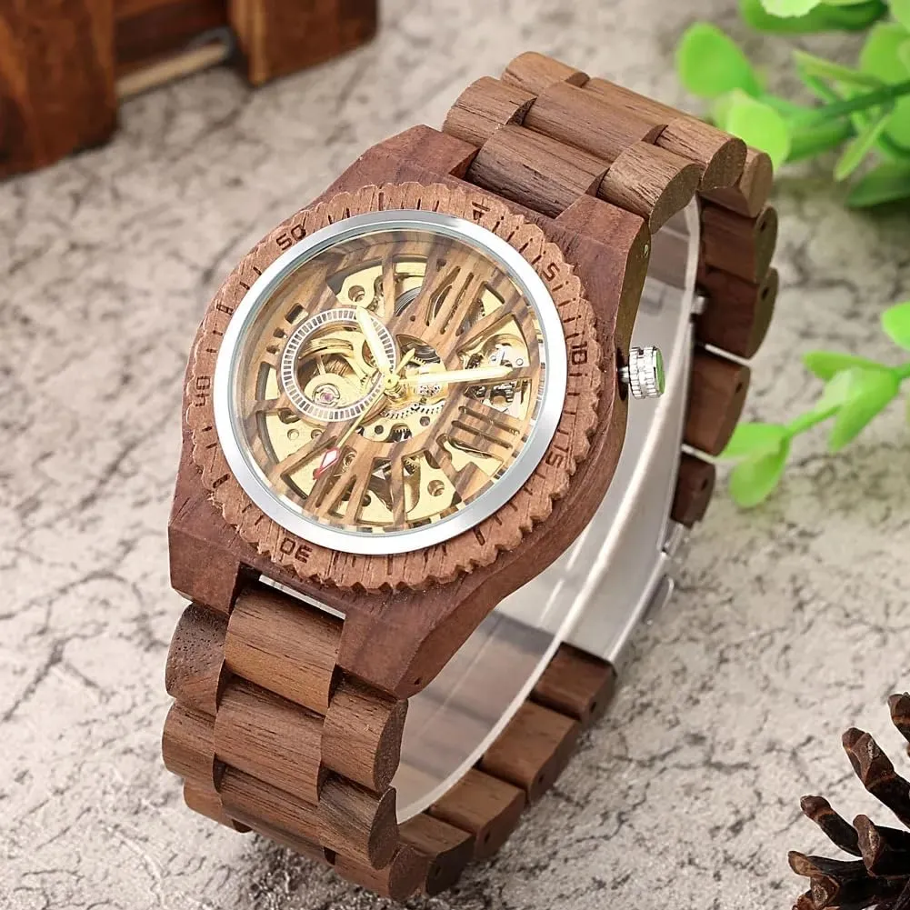 Natural intellect extort shatter loss Walnut Wood Bracelet Self Winding Wristwatch Folding Clasp Man Wooden Watch with Wood Gift Box Dentily Automatic Mechanical Men Watches 