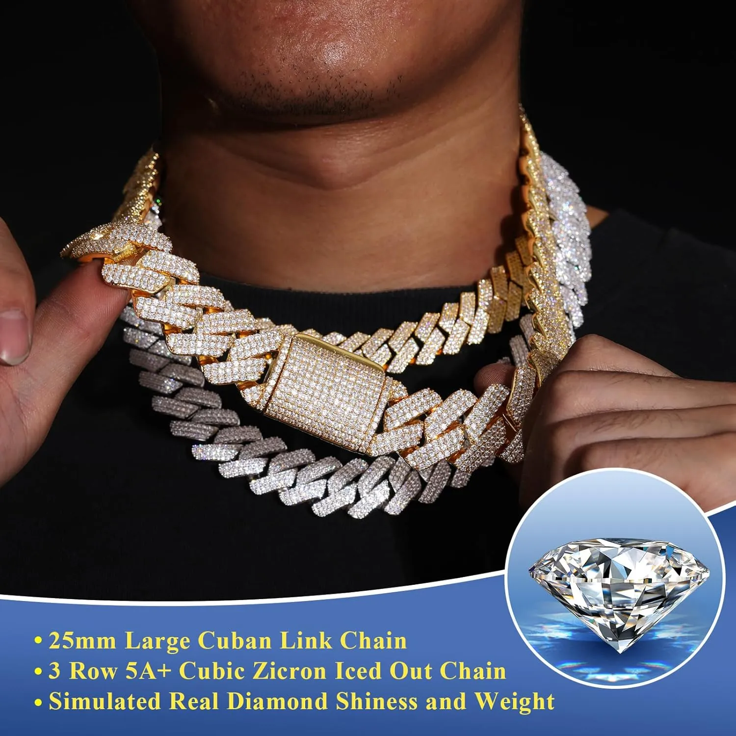 Necklace Bling Luxury Jewelry 25MM Big Cuban Link Chain for Men Thick Iced Out Chain 18K slender silica clamor Gold Plated 5A  Zicron Cuban Necklace Gold/Silver Iced Out Diamond Miami Cuban 