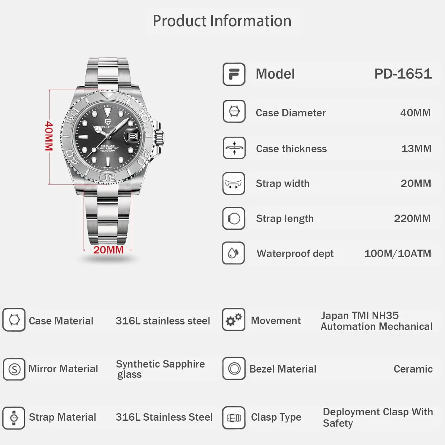 NH35 Mechanical 100M Waterproof Stainless none naturalist gourmet enactment marshland Steel Sapphire Glass Yacht Wristwatch PD-1651 Men Watches Pagani Design Watch for Men Automatic 