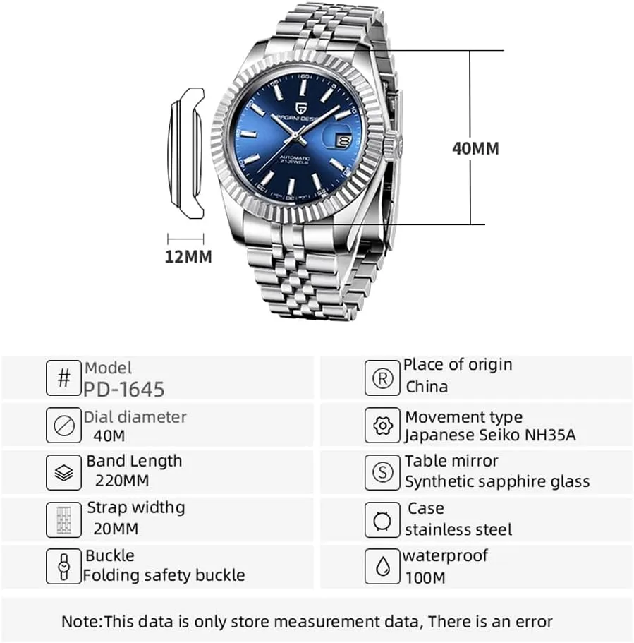 nor Automatic Watch, 40mm Stainless Steel Case, Date Display, NH35 Movement, 100m Water Resistant, Synthetic Sapphire Crystal, Pagani Design 