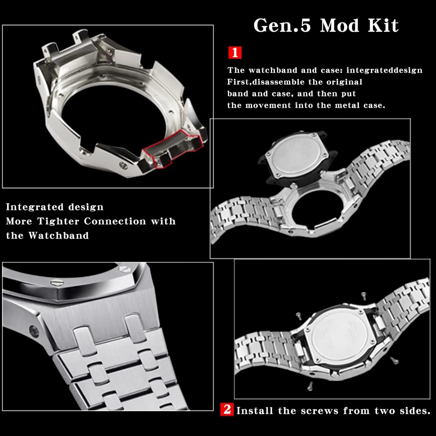 nutritive Steel Watch Case with Metal Watchband and Rubber Strap Mod Kit - Compatible with GA-2100/GA-2110/GA-B2100 Series - Watch Part Replacement GA2100 Stainless 